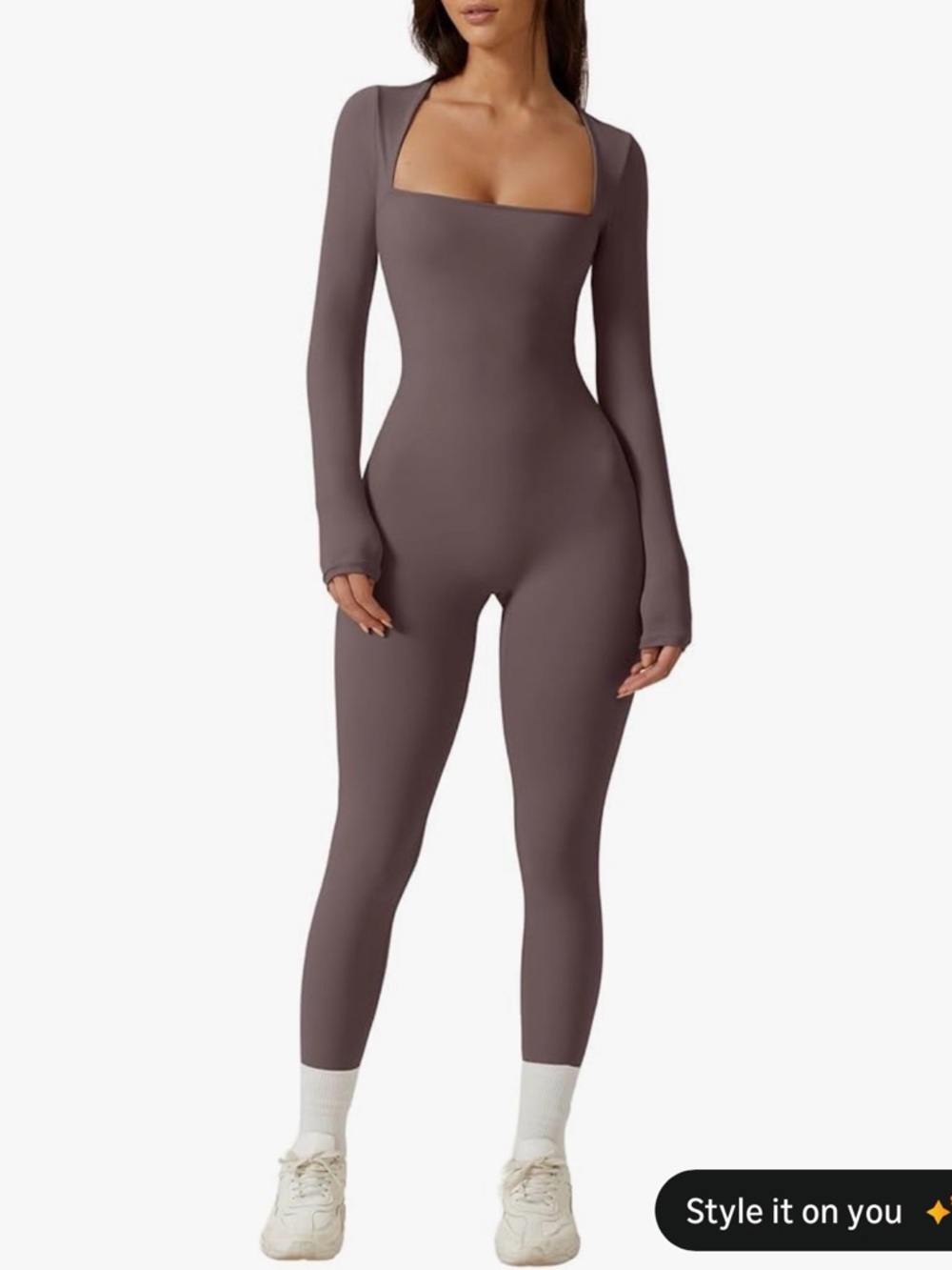 Square Neck Long Sleeve Seamless Jumpsuit in Mauve
